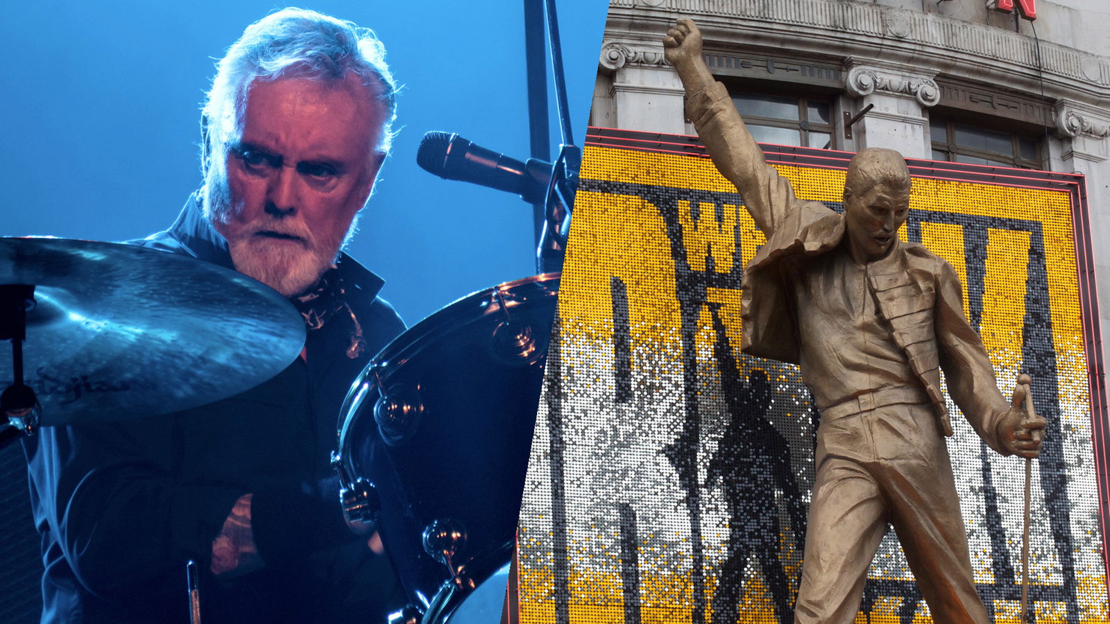 Queen-Schlagerzeuger Roger Taylor & die Bronze-Statue vom Queen-Musical "We Will Rock You"