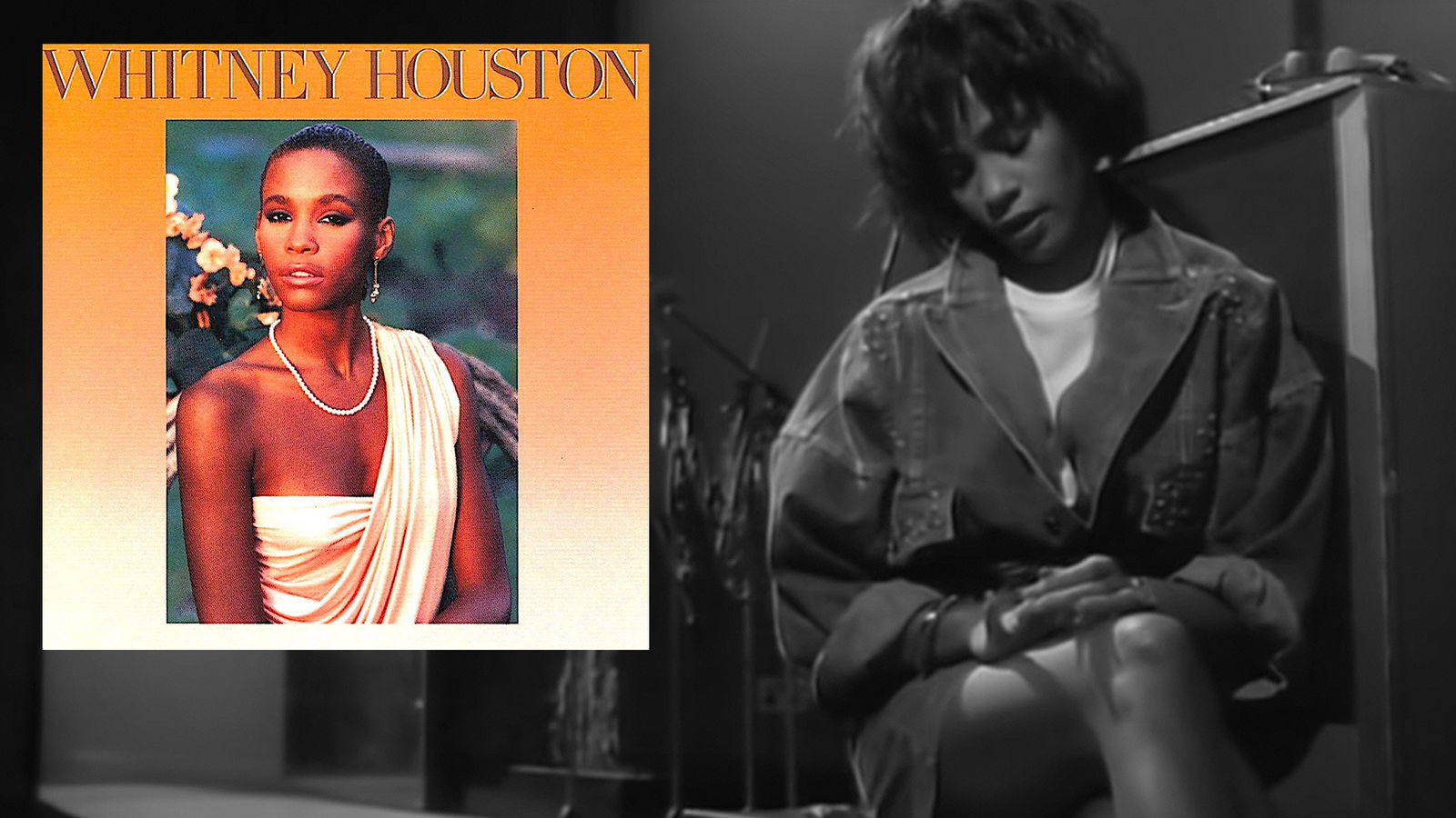 Whitney Houston im Musikvideo zu "Saving All My Love For You" und das Cover ihres Debütalbums