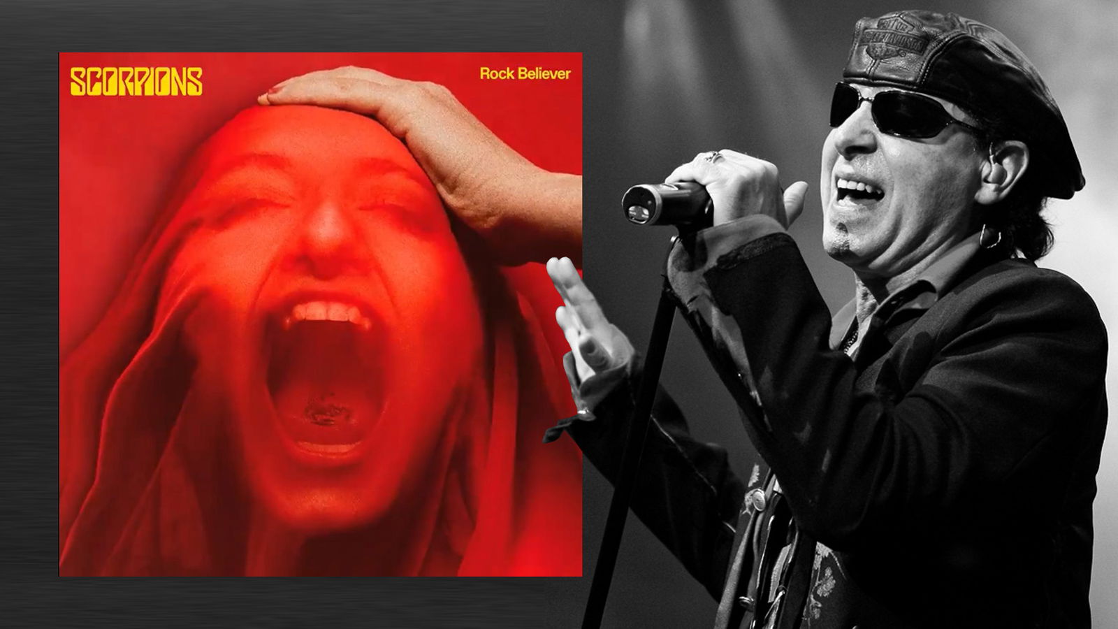 Klaus Meine und das Cover des Scorpions-Album "Rock Believer"