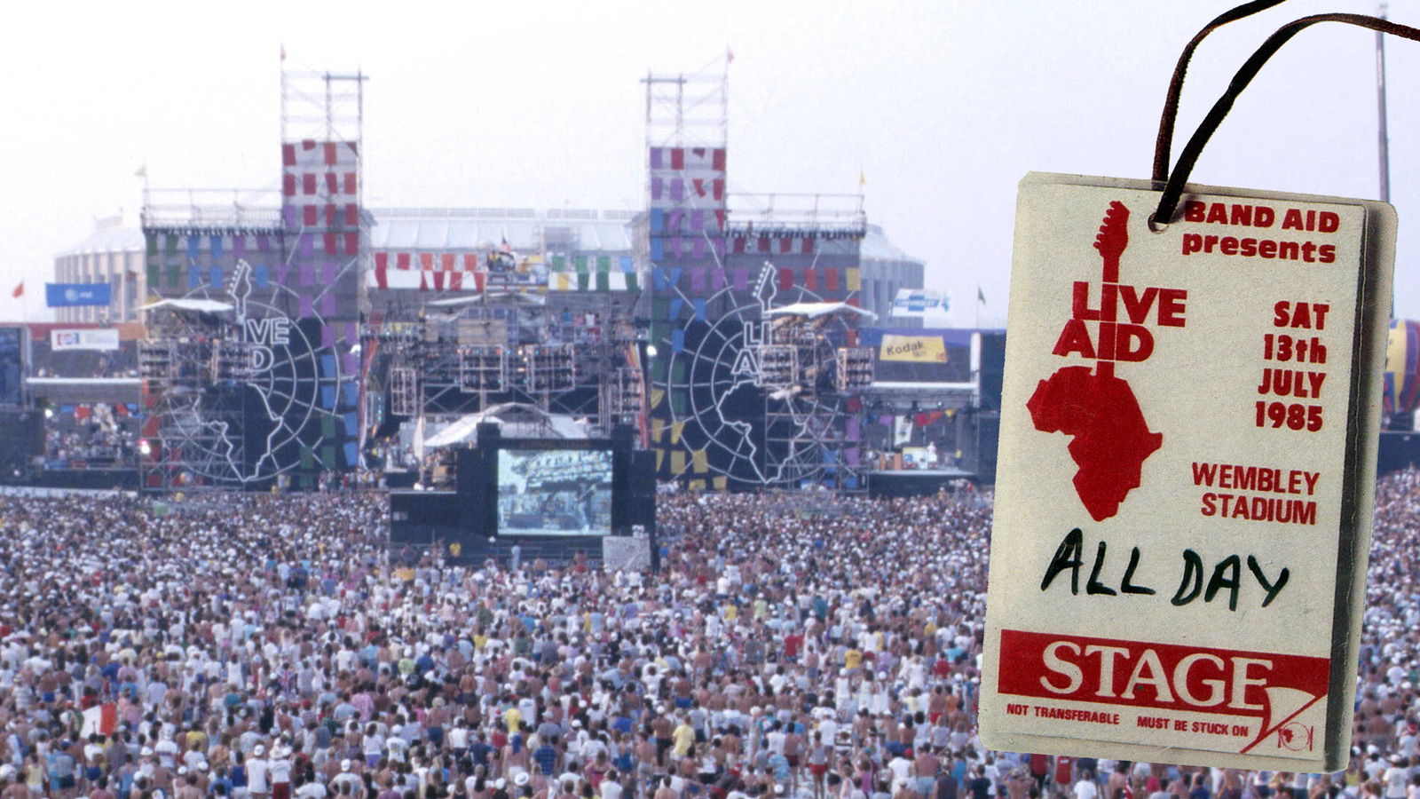 Bühne und Publikum beim Live Aid Konzert in Philadelphia & Backstage-Pass vom Live Aid Konzert in London