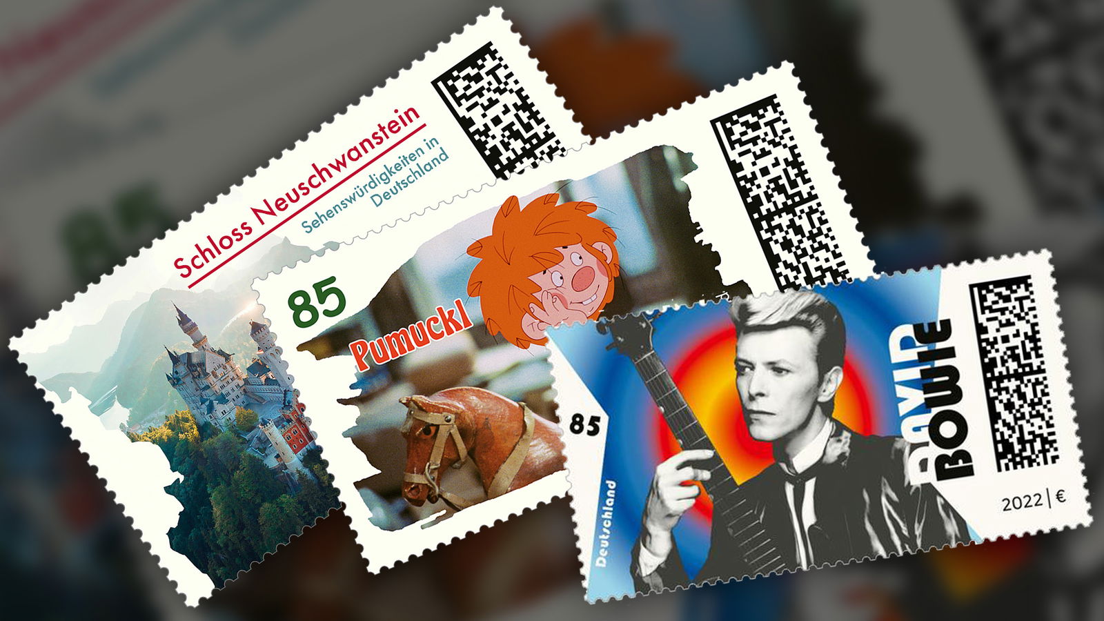 Briefmarken mit Neuschwanstein, Pumuckl & David Bowie
