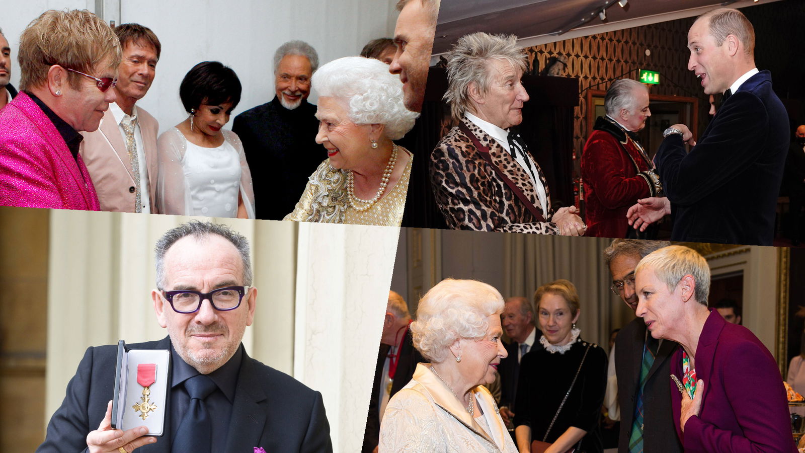 Elton John & Queen Elizabeth ll, Rod Stewart und Prince William, Elvis Costello &  Queen Elizabeth II mit Annie Lennox