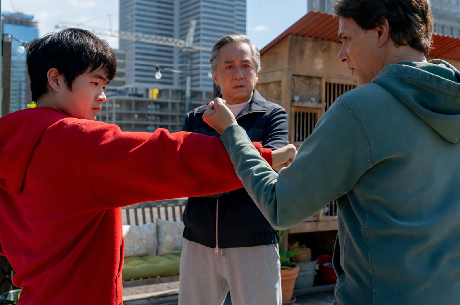 Jackie Chan, Ralph Macchio, and Ben Wang in Karate Kid: Legends (2025)